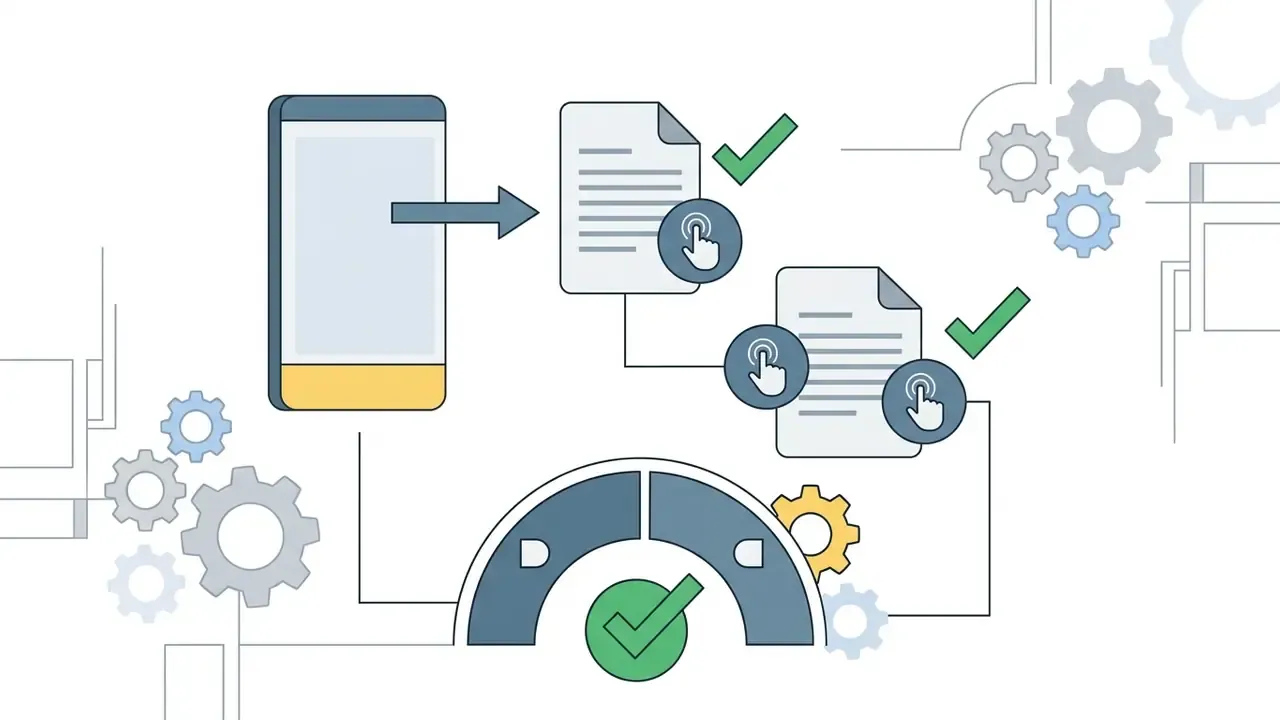 Mobile device linking to documents via two taps to reach privacy policies with a status check mark