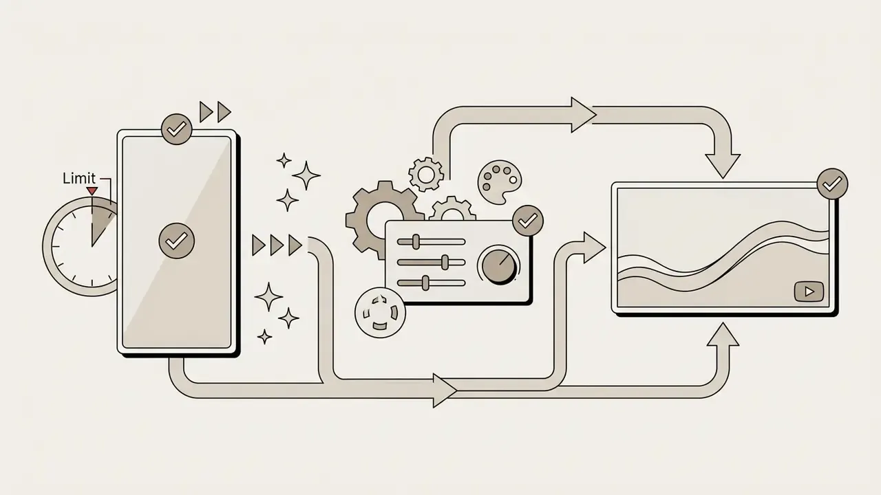 Smartphone and monitor connected by a processing workflow featuring gears and adjustment sliders