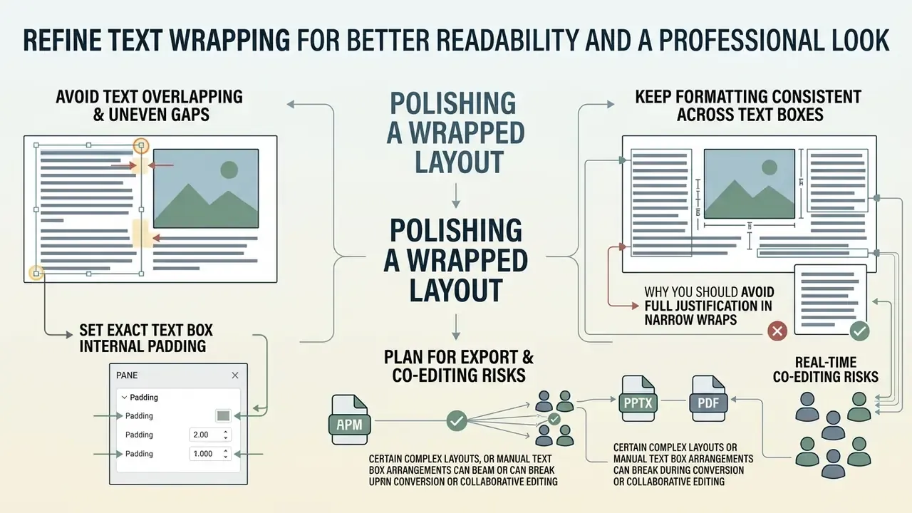 Visual guide showing three audits for text wrapping including padding settings and export risk management