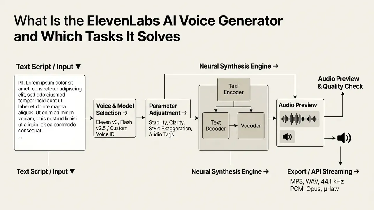 Flowchart illustrating the technical process from text input through neural synthesis to audio export