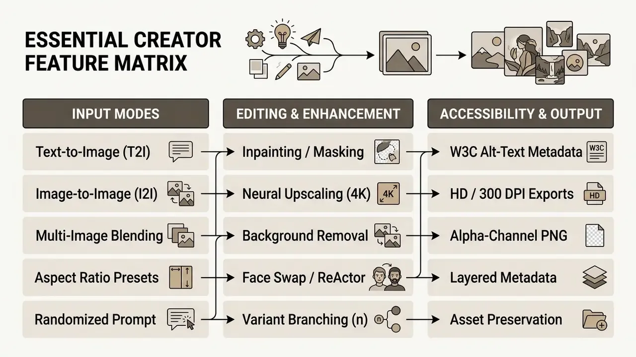 Table showing input modes, editing tools, and output formats for an AI image generator