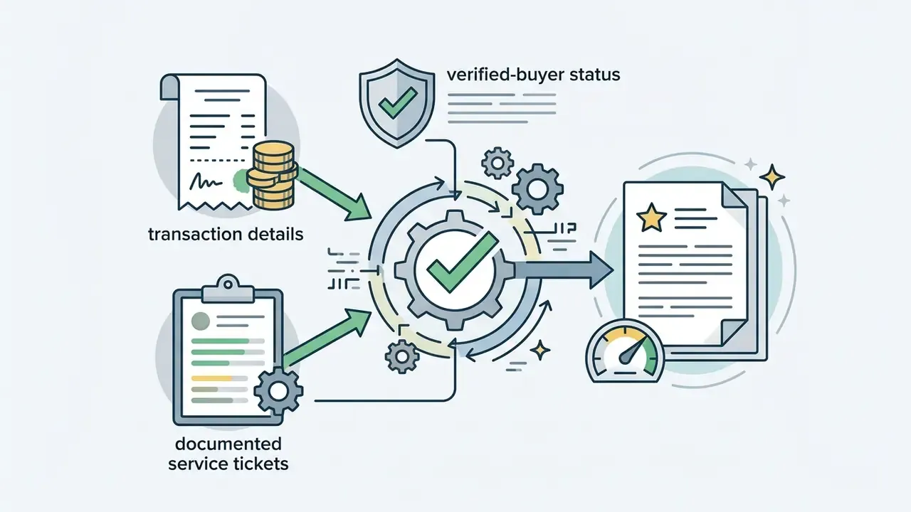 Transaction details, buyer status, and service tickets feeding into a central gear system for verification