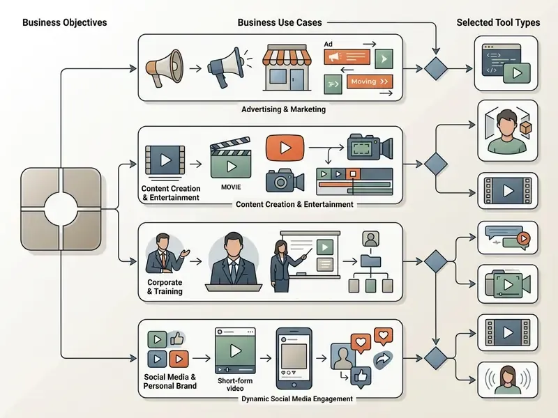 Decision flowchart mapping business objectives to specific AI video generation tool types