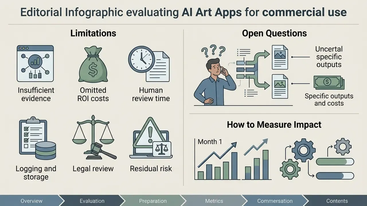 Icons and text detailing limitations, open questions, and impact metrics for generative software tools