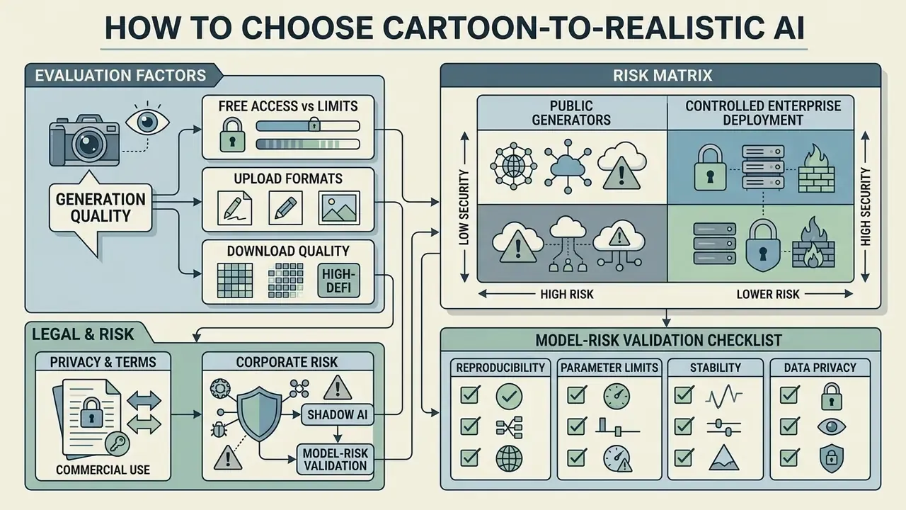 Diagram mapping evaluation factors, risk matrices, and validation checklists for software selection