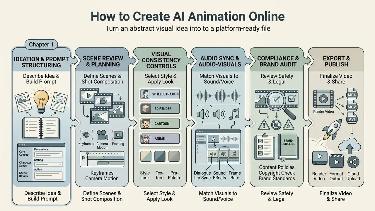 Six-stage workflow diagram detailing the process of creating animated content from ideation to final export