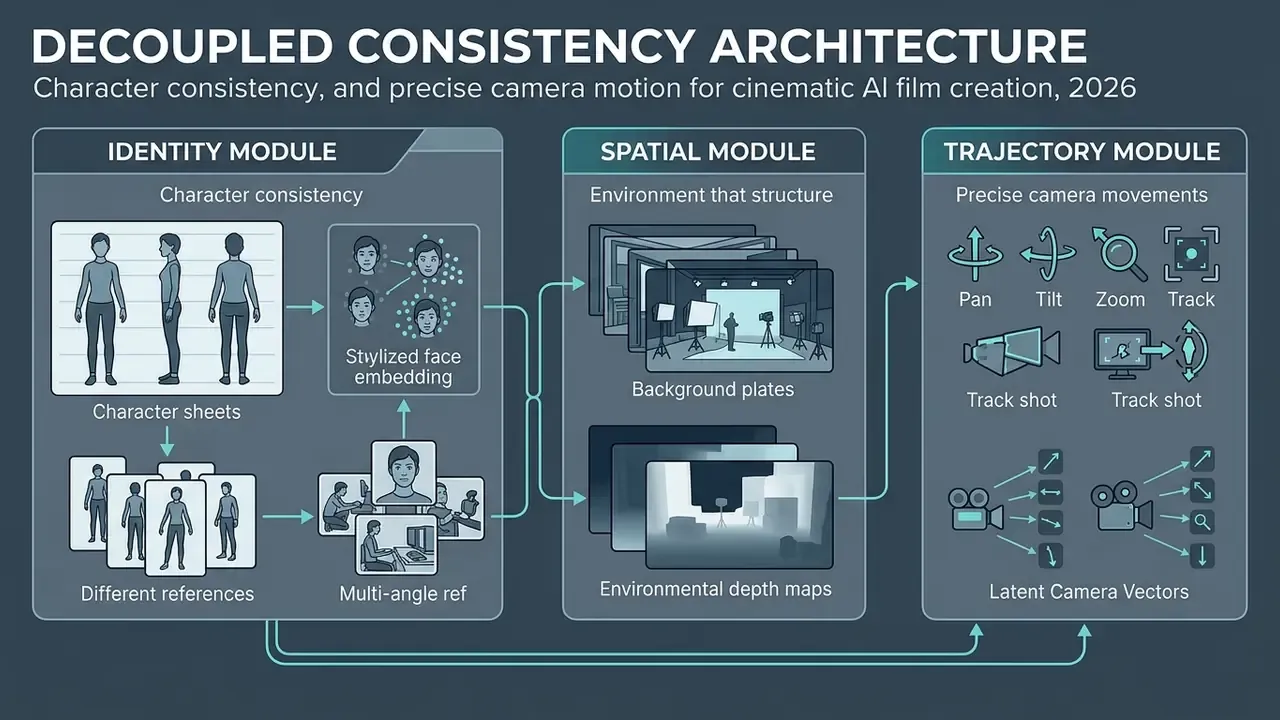 Three-part architecture showing identity, spatial, and trajectory modules for cinematic film production