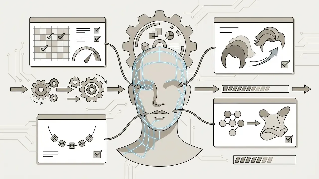 Wireframe head model showing how software overlays digital features like braces and hairstyles onto faces
