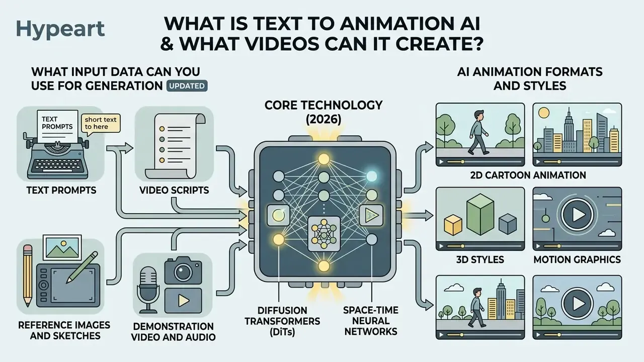 Infographic showing how various input data types are processed by AI models to generate diverse animation styles