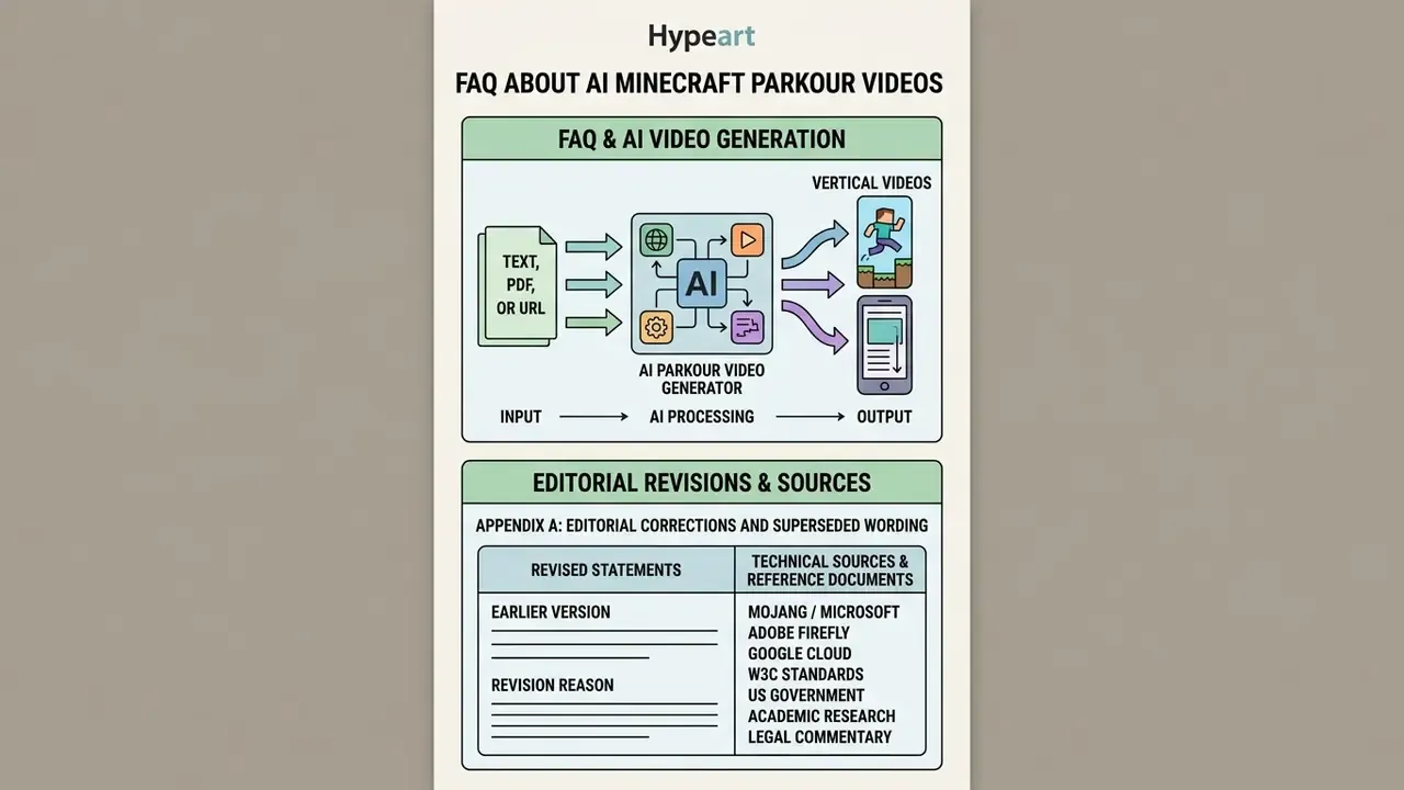 Diagram showing AI video processing steps alongside a table of editorial revisions and reference sources
