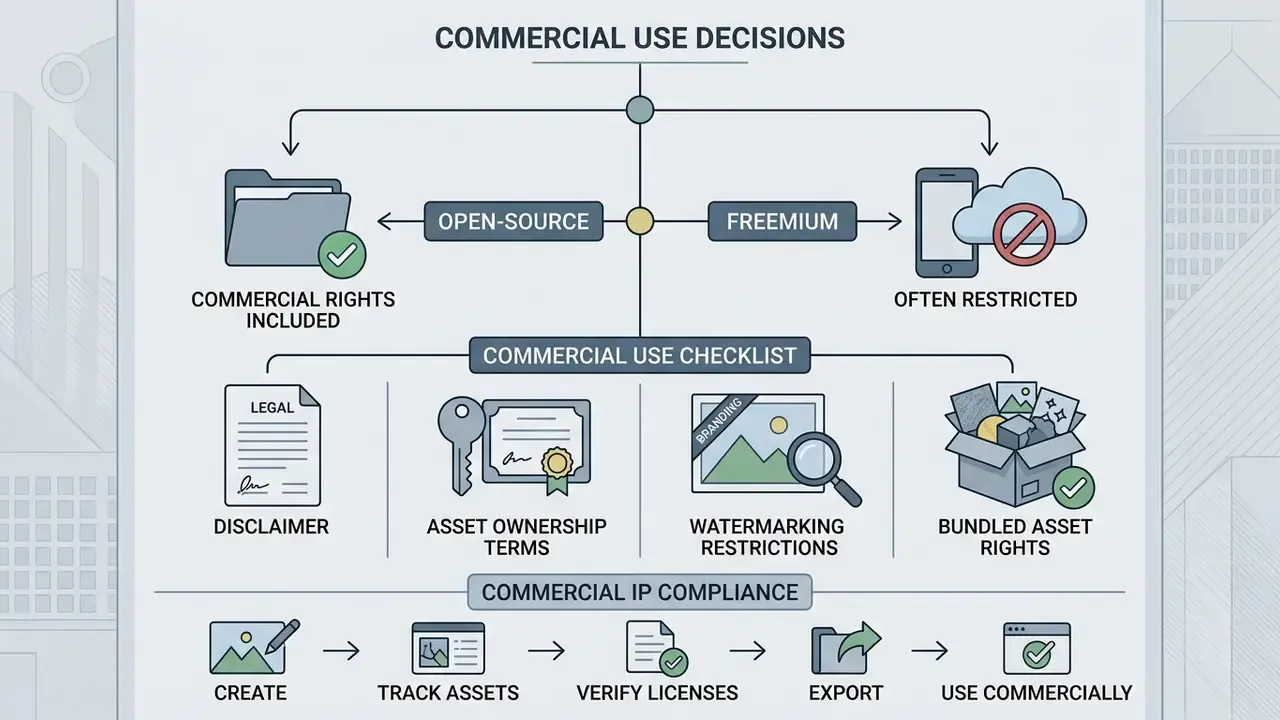 Flowchart comparing open-source and freemium licensing models with a commercial use checklist and compliance steps