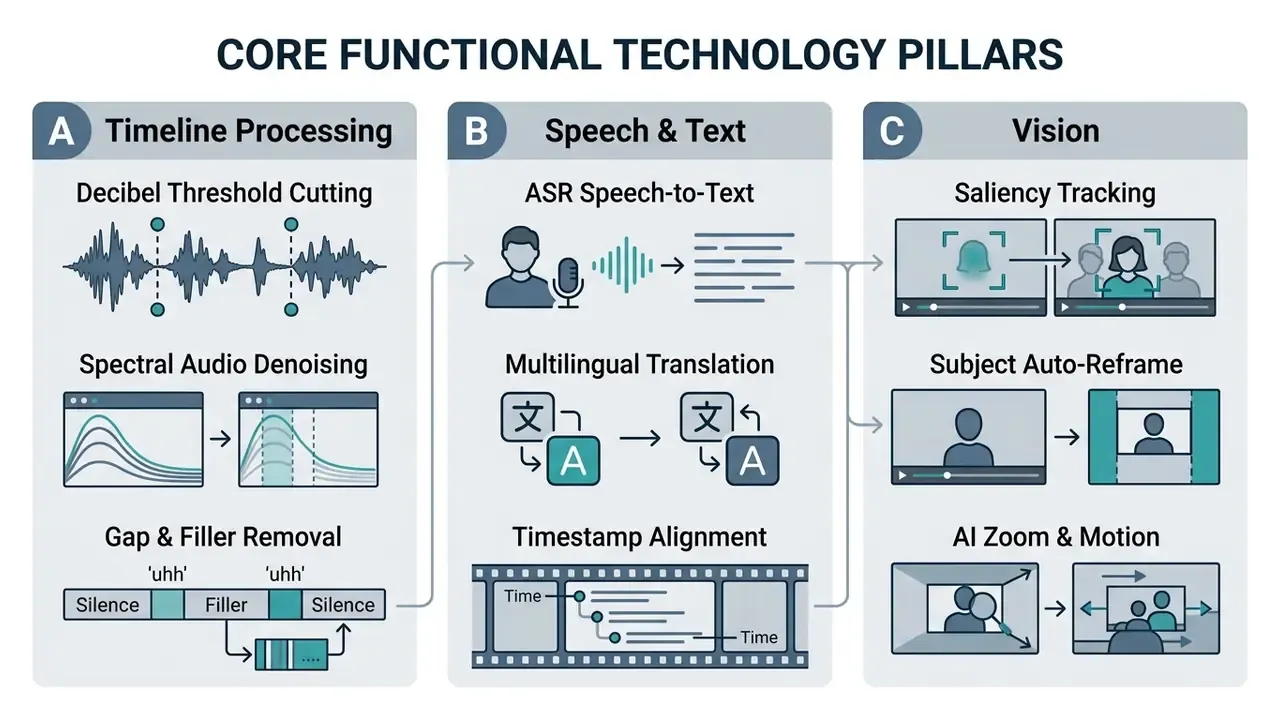 Three columns detailing timeline processing, speech and text analysis, and visual tracking technologies
