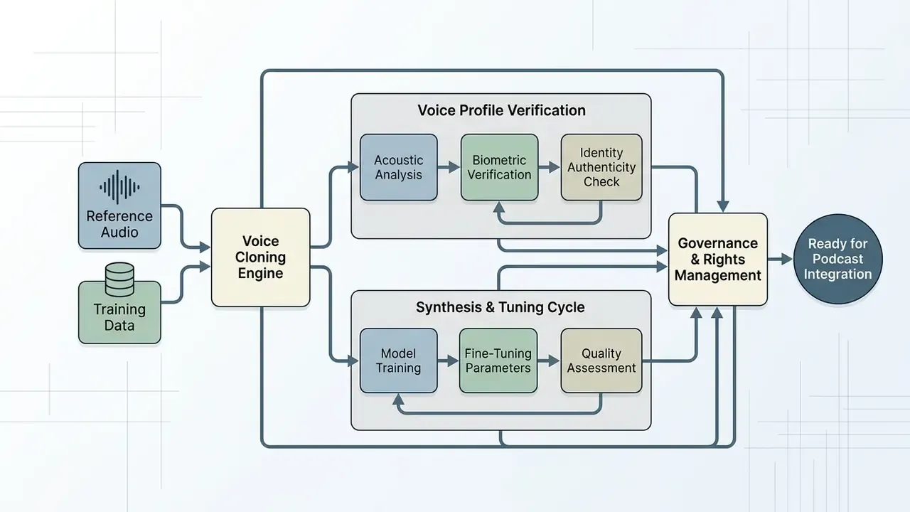 Diagram showing the voice cloning engine, verification, and synthesis lifecycle for AI podcast voices