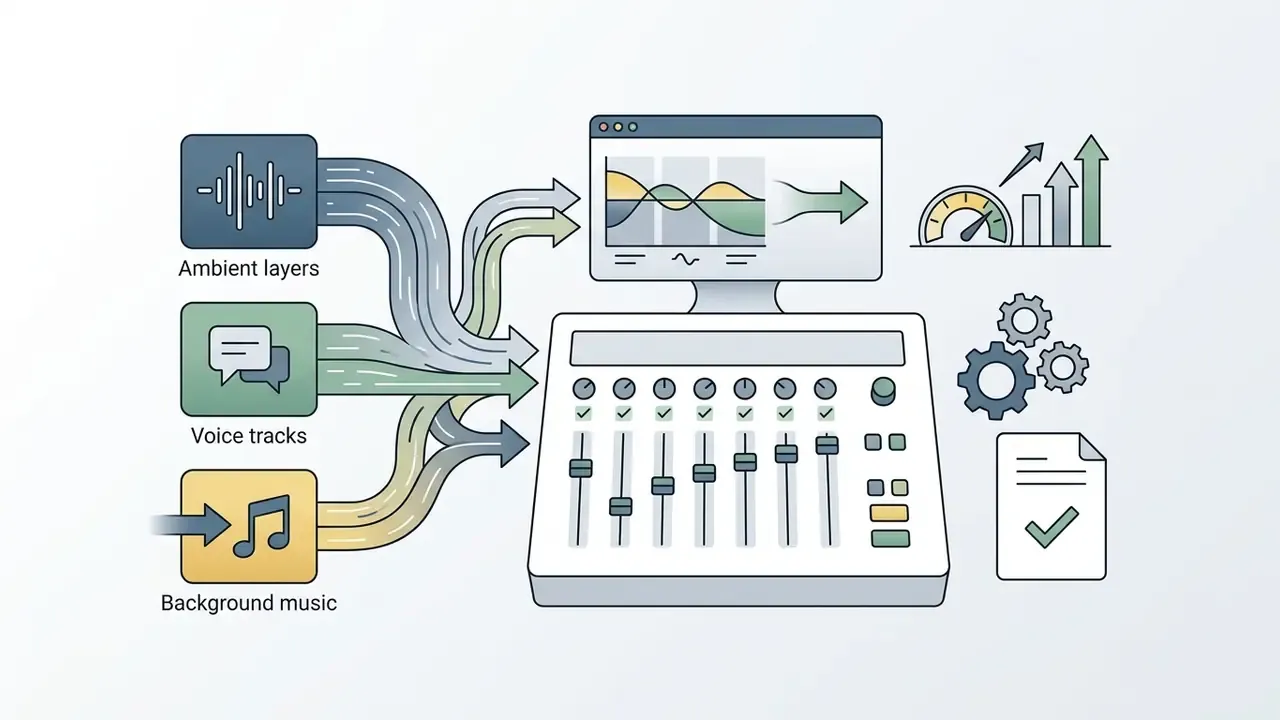 Audio tracks flowing into a mixing console with a monitor displaying wave patterns and performance metrics