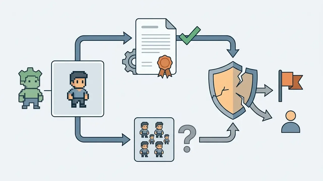Pixel character branching into a licensed document or a group of sprites leading to a cracked shield