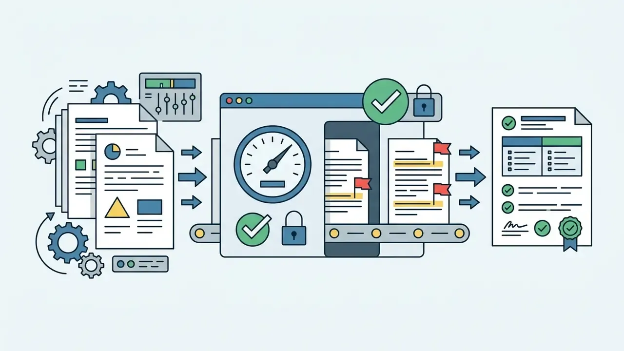 Documents moving through a processing system with a gauge and flags to produce a verified final report