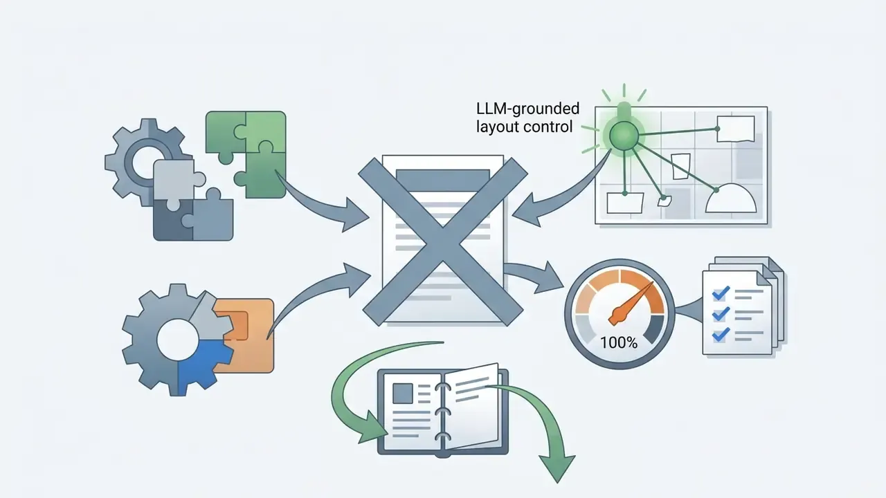 Gears and puzzle pieces feeding into a central document that connects to layout control and metrics