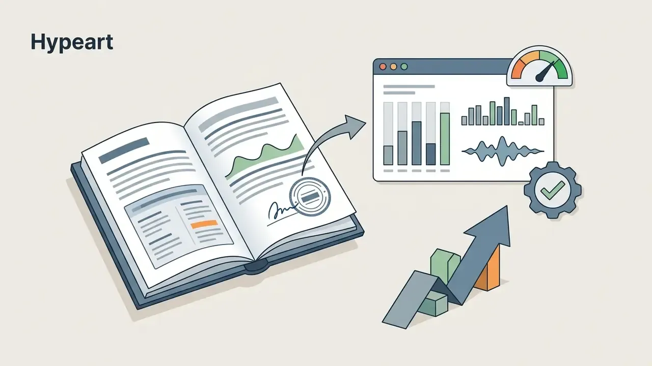 Open book with charts pointing to a dashboard showing performance metrics and an upward trending arrow