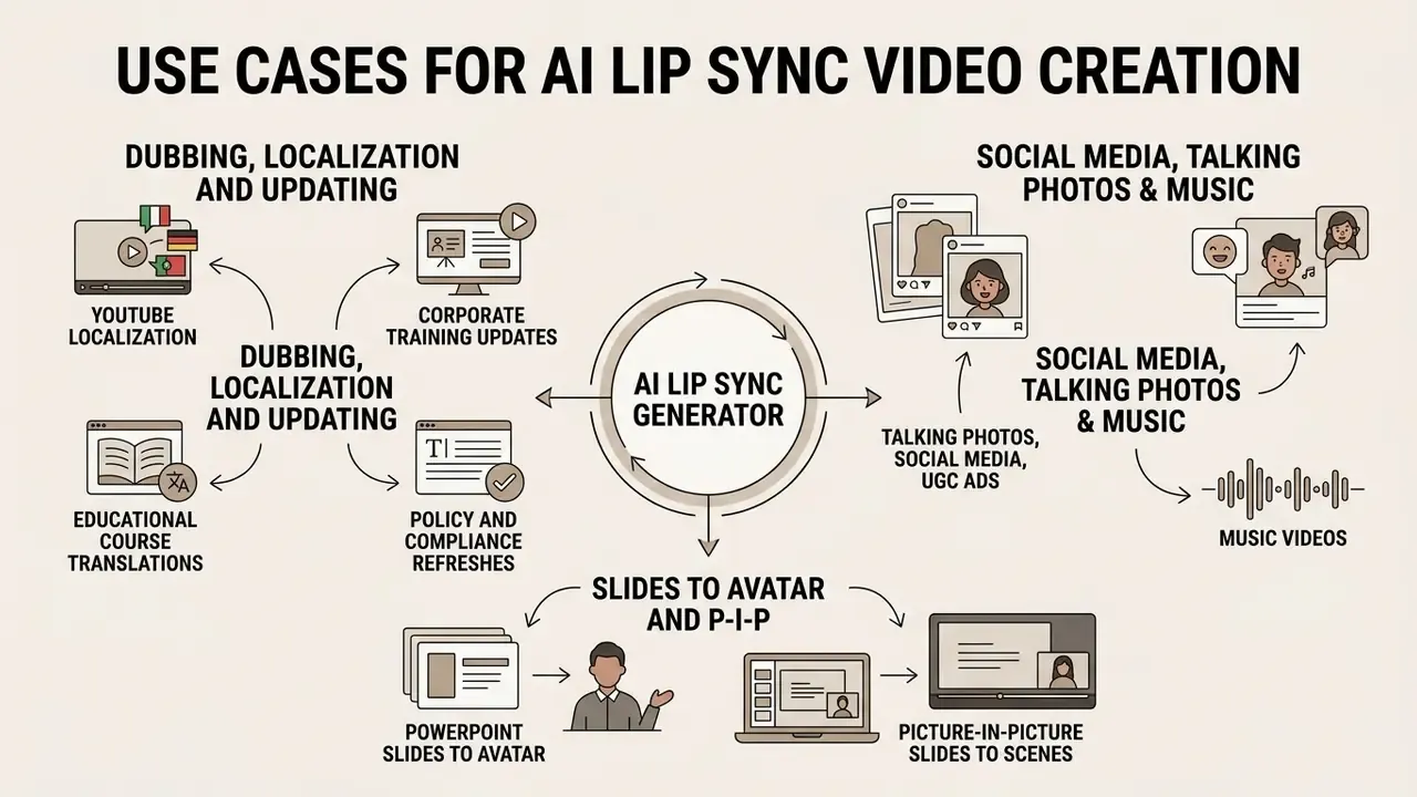 Central hub connecting dubbing, social media content, and presentation slides to automated video tasks