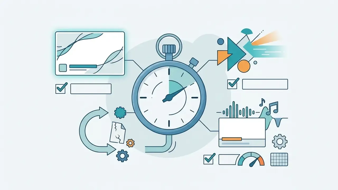 Stopwatch surrounded by icons representing video frames, audio waveforms, and branding elements