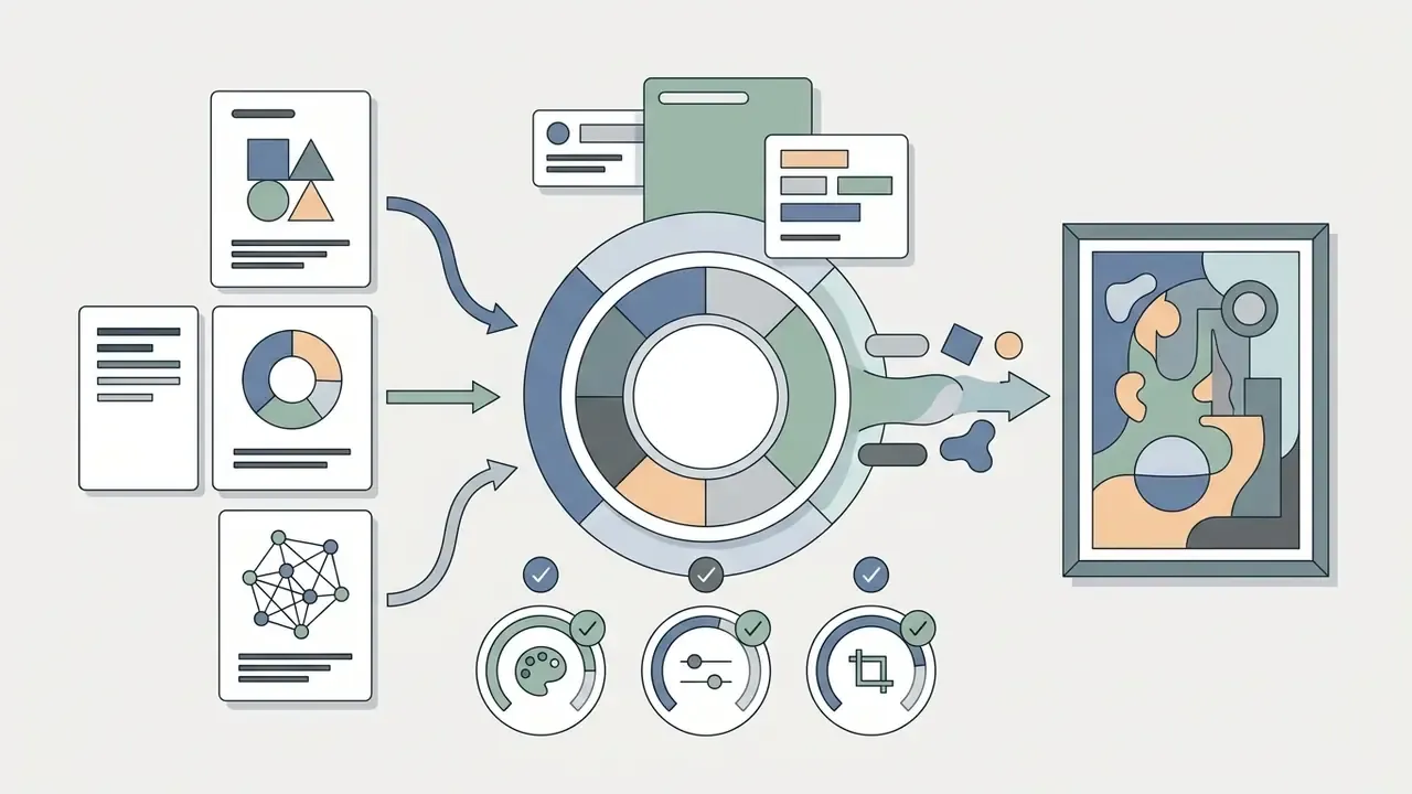 Multiple data sources feeding into a central hub to produce a framed abstract art piece