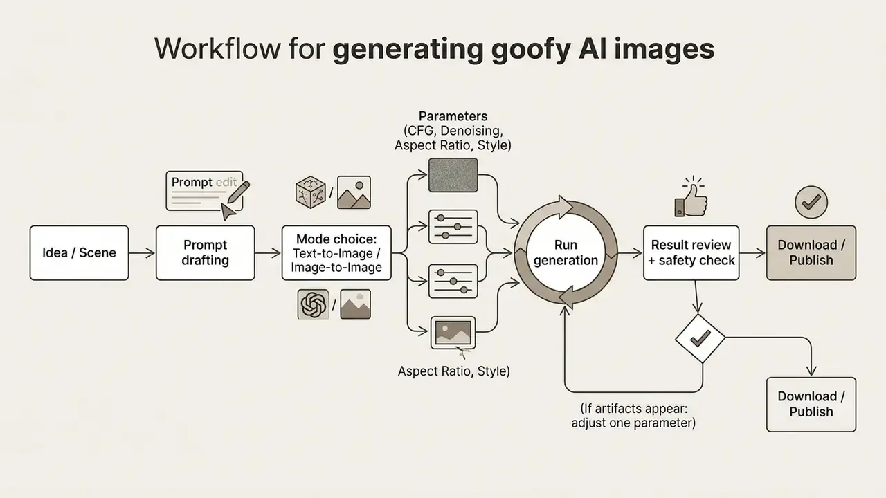 Diagram showing the sequential process of conceptualizing, configuring parameters, and refining AI outputs