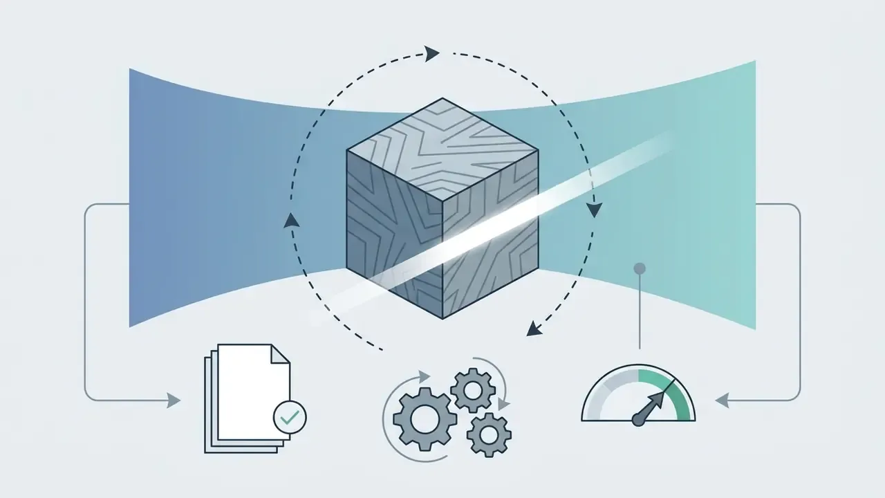 Cube with a sliding light effect surrounded by a circular arrow path connecting to document and speed icons