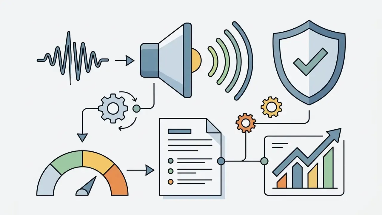 Sound wave icon connecting to a speaker, a document, a shield with a checkmark, and a growth chart