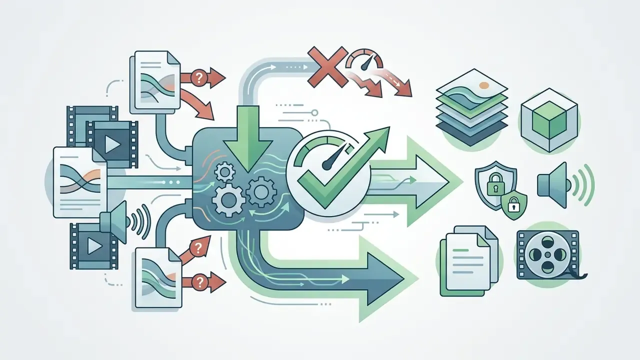 Flowchart showing media files being processed through a central engine into optimized output formats