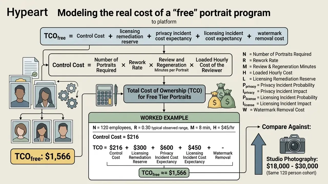 Mathematical formula and worked example calculating the total cost of ownership for free AI portraits