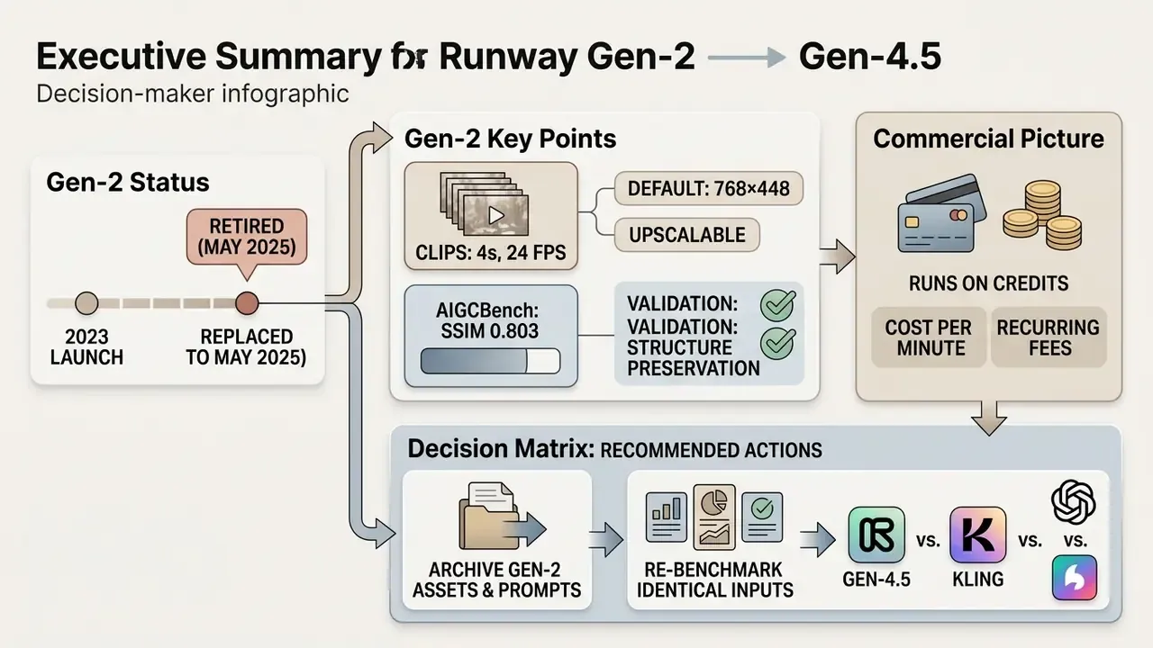 Infographic showing the transition of Runway Gen-2 to Gen-4.5 with key performance and action metrics