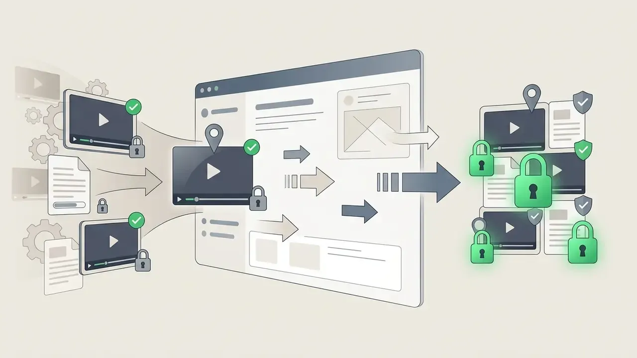 Software interface showing video clips and documents being locked to prevent further modification