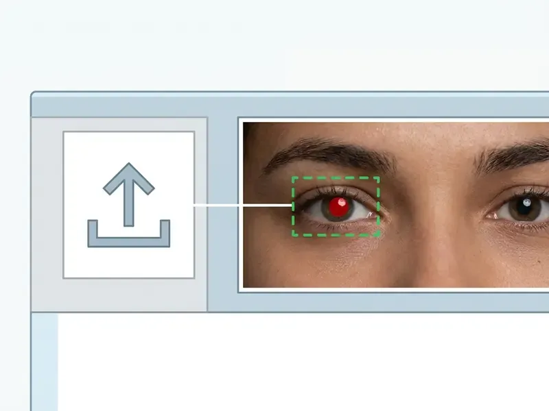 Browser interface showing a file upload button linked to a green dashed box framing a red pupil