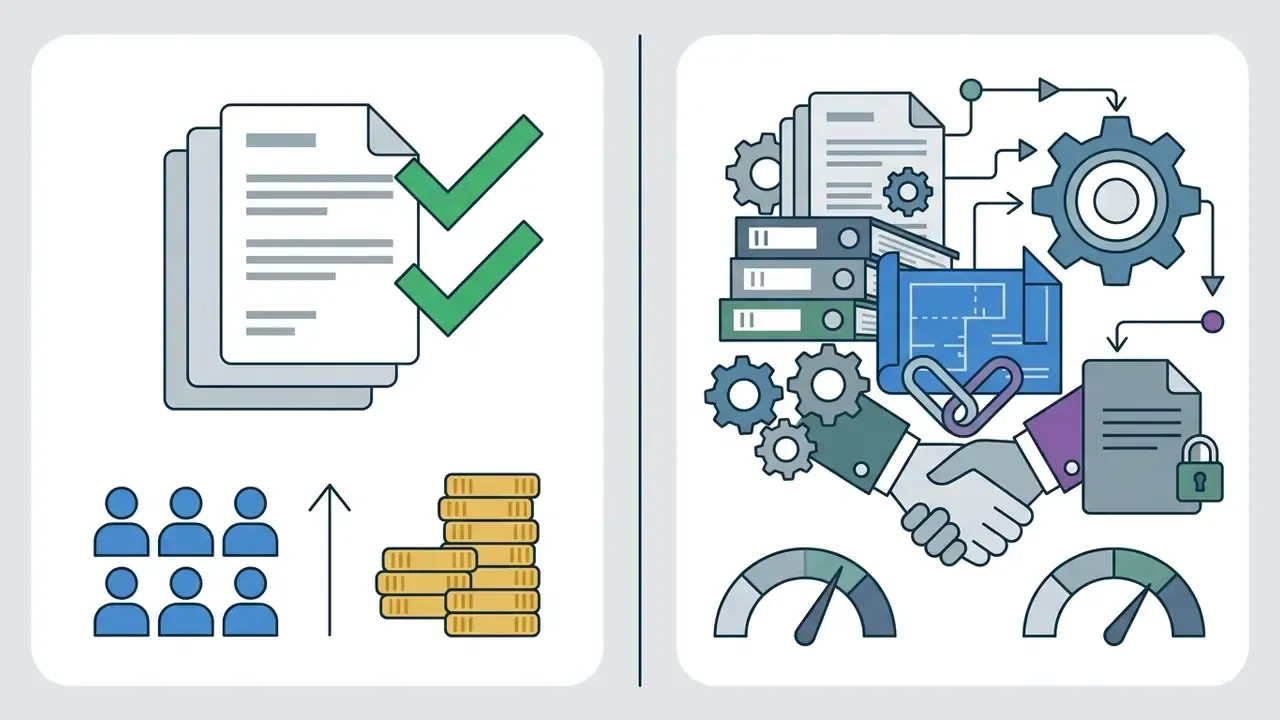 Team user icons and currency stacks feeding into a gear-driven system with a handshake and secure document