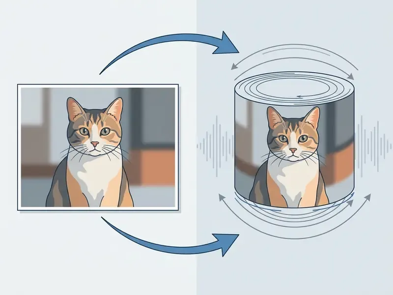 Comparison showing a flat cat photo transforming into a 360-degree rotating cylindrical video