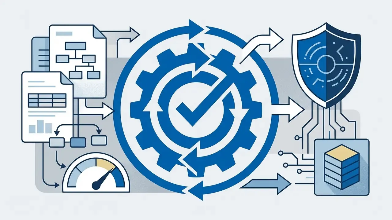 Central gear with a checkmark surrounded by documents, a speed gauge, a shield icon, and circuit patterns
