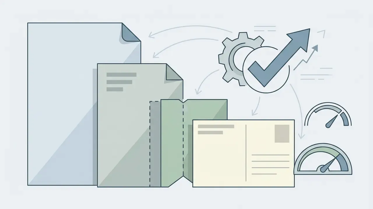 Postcard icon with gears, checkmark, and gauges representing layout settings for direct mail