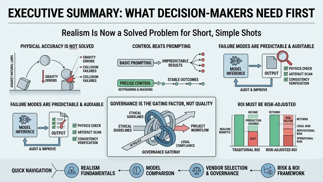 Infographic summarizing key challenges for ai videos that look real including physics and governance