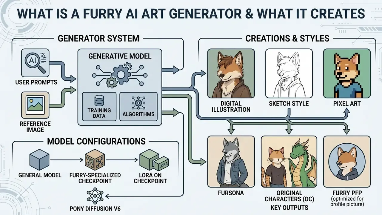 Flowchart showing how prompts and models process inputs into various furry character art styles