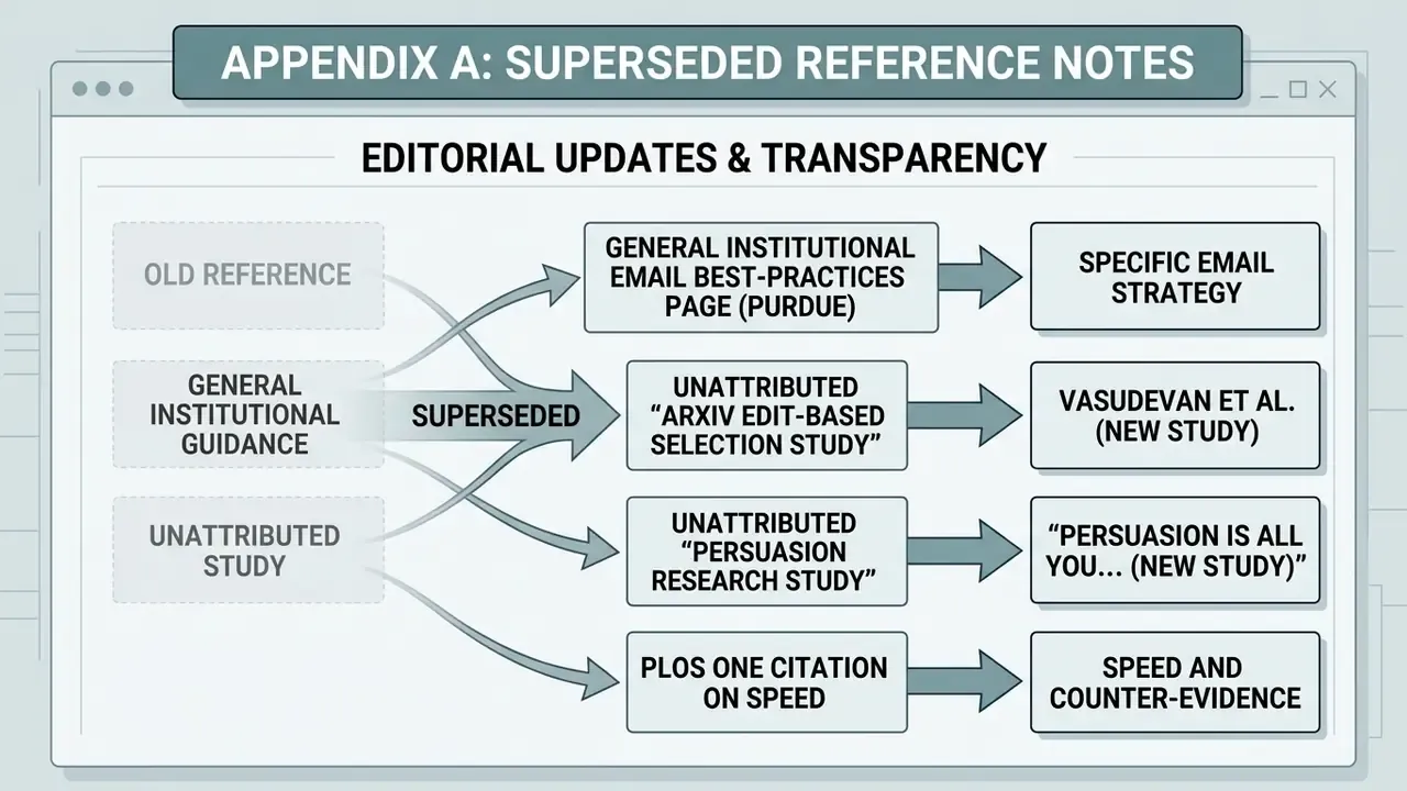 Flowchart mapping outdated editorial references to their updated, specific research and strategy citations