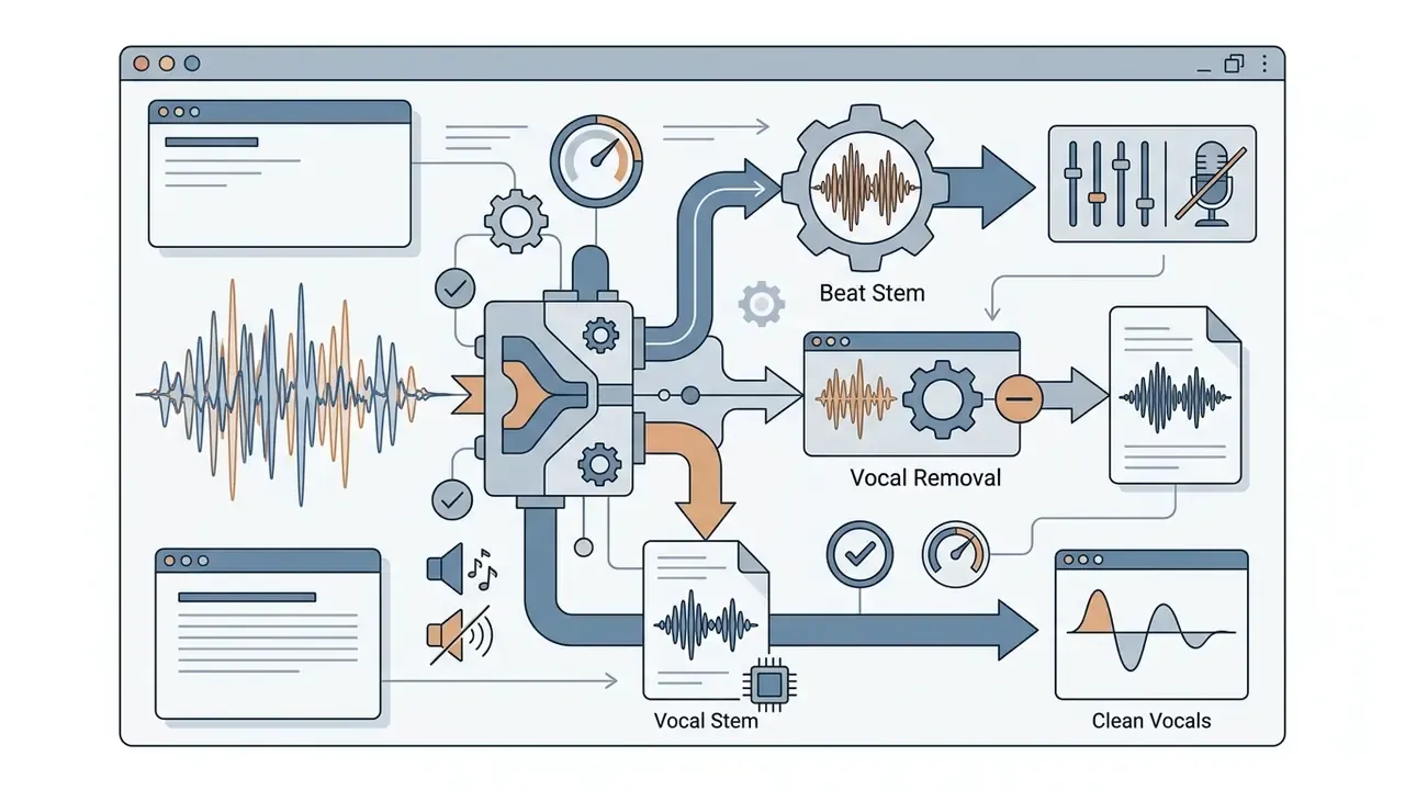 Technical schematic showing audio signals being split into separate vocal and instrumental tracks