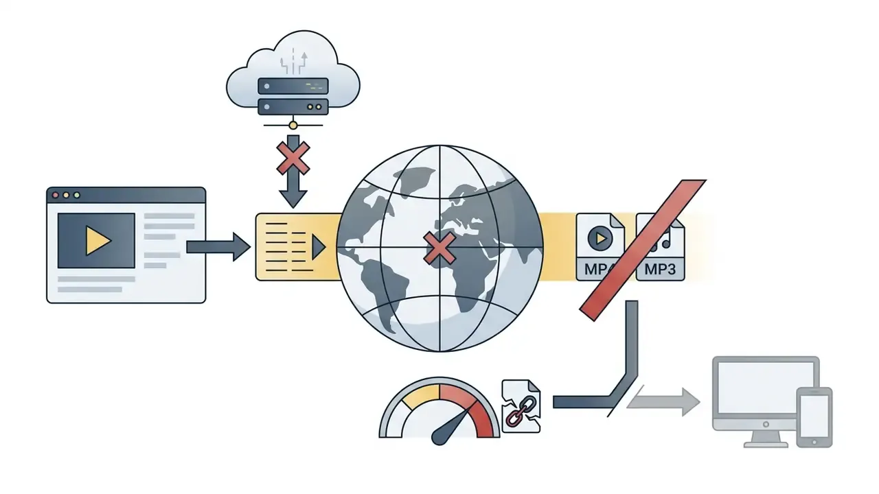 Global map blocked by a red cross preventing media file conversion and download to user devices