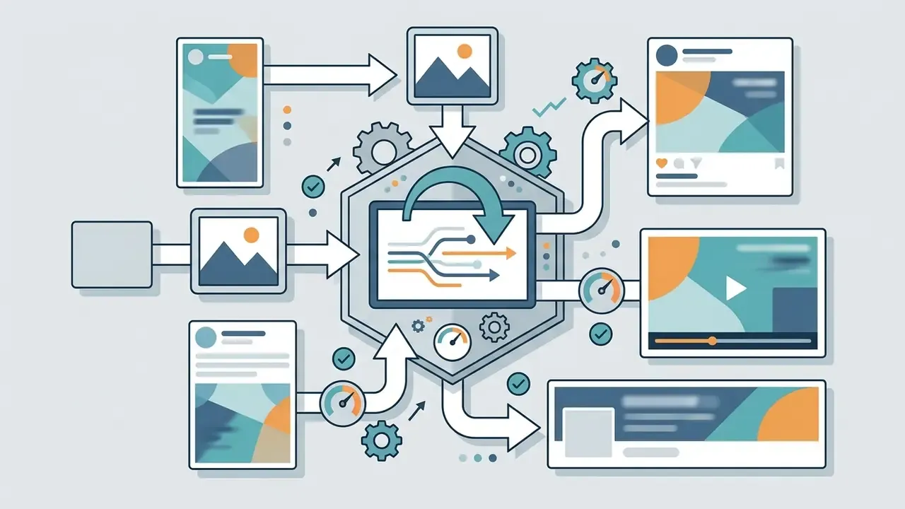 Central processing hub converting various input media into social media posts, video, and banner graphics