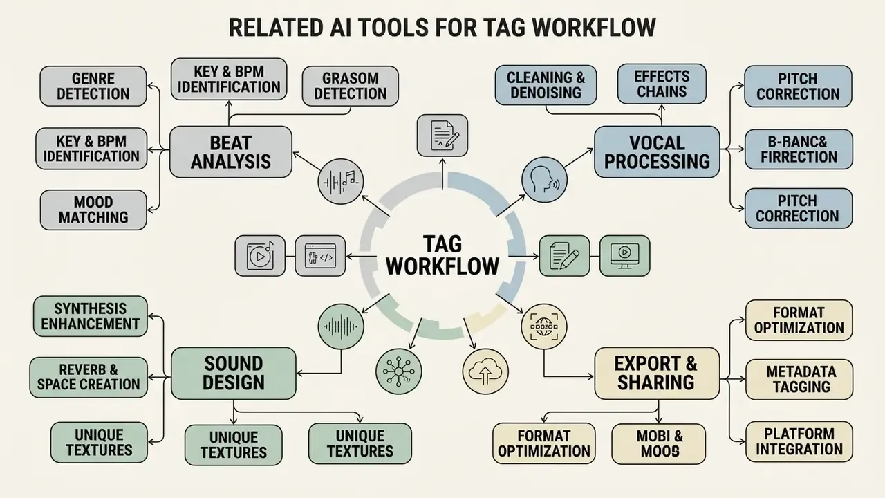 Diagram mapping technical stages and tools for audio production including sound design and vocal processing