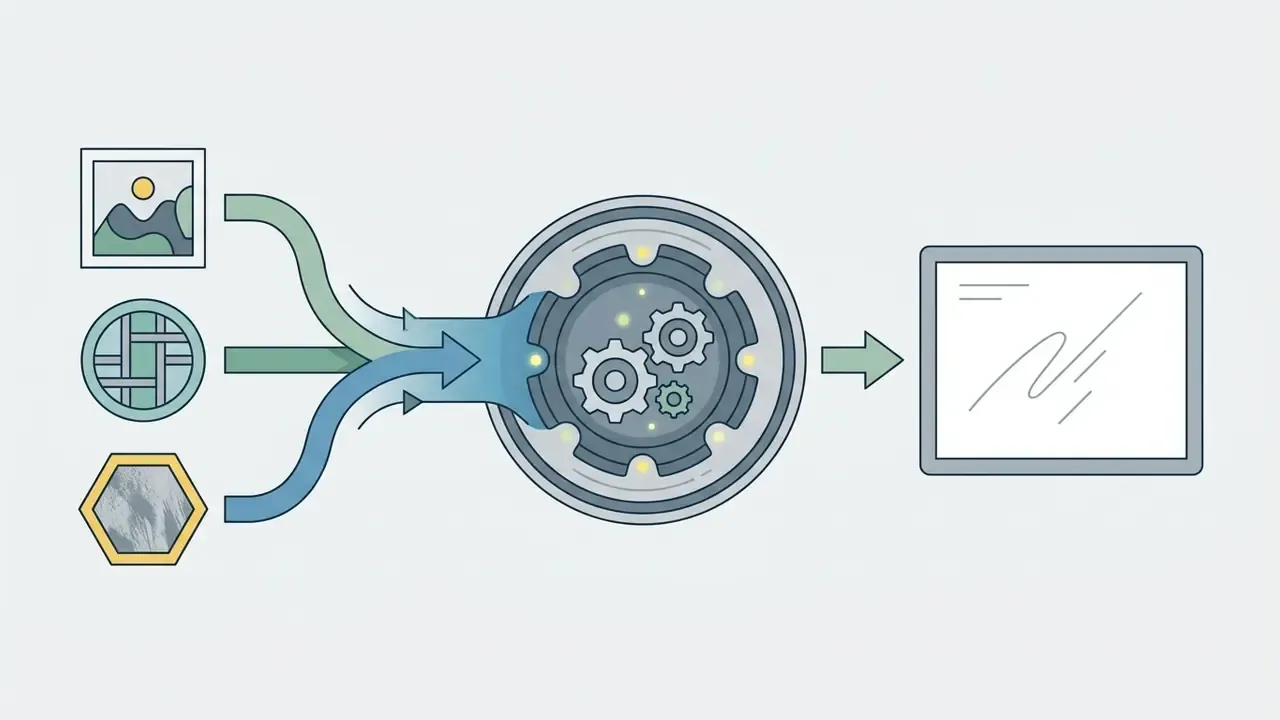 Three icons feeding into a central gear mechanism that outputs to a digital tablet screen