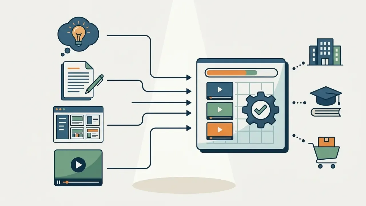 Multiple content input icons feeding into a central processing dashboard that outputs to specific industries