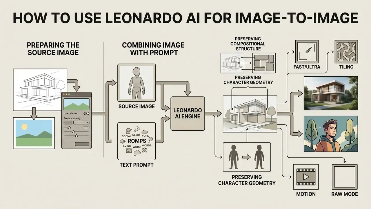 Workflow diagram showing how to prepare source images and combine them with prompts in Leonardo AI