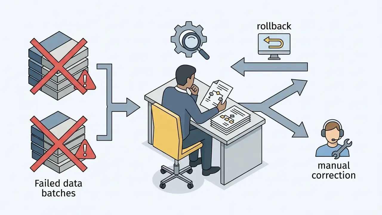 Person reviewing failed data batches to decide between a system rollback or manual correction