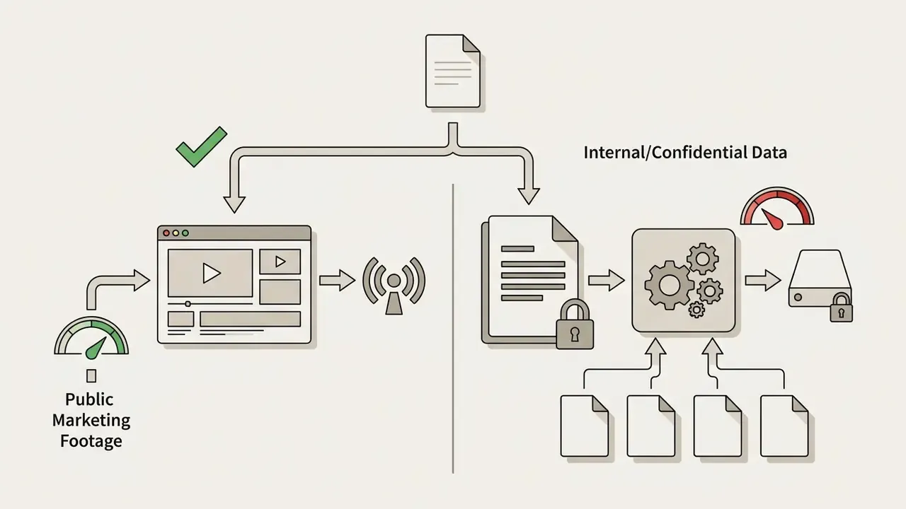 Flowchart showing content classification paths for public marketing footage versus internal data