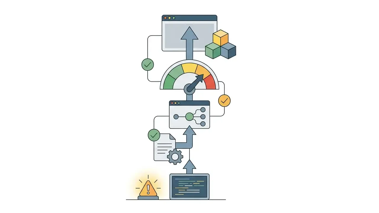 Code block moving through a gear and status gauge to reach a browser window with block icons